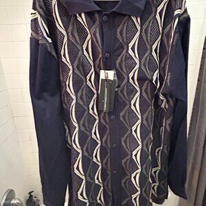 GB Collection Knit Polo Sweater XL Navy Geometric Retro Coogi Style NWT $110 MSR